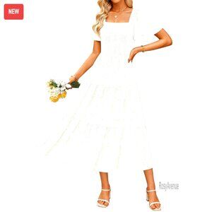 Summer Boho Floral Midi Dress Casual Short Sleeve Square Neck Flowy